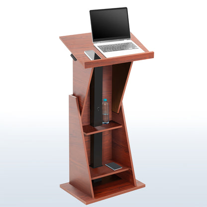 Sturdy modern height adjustable podium with storage shelves.