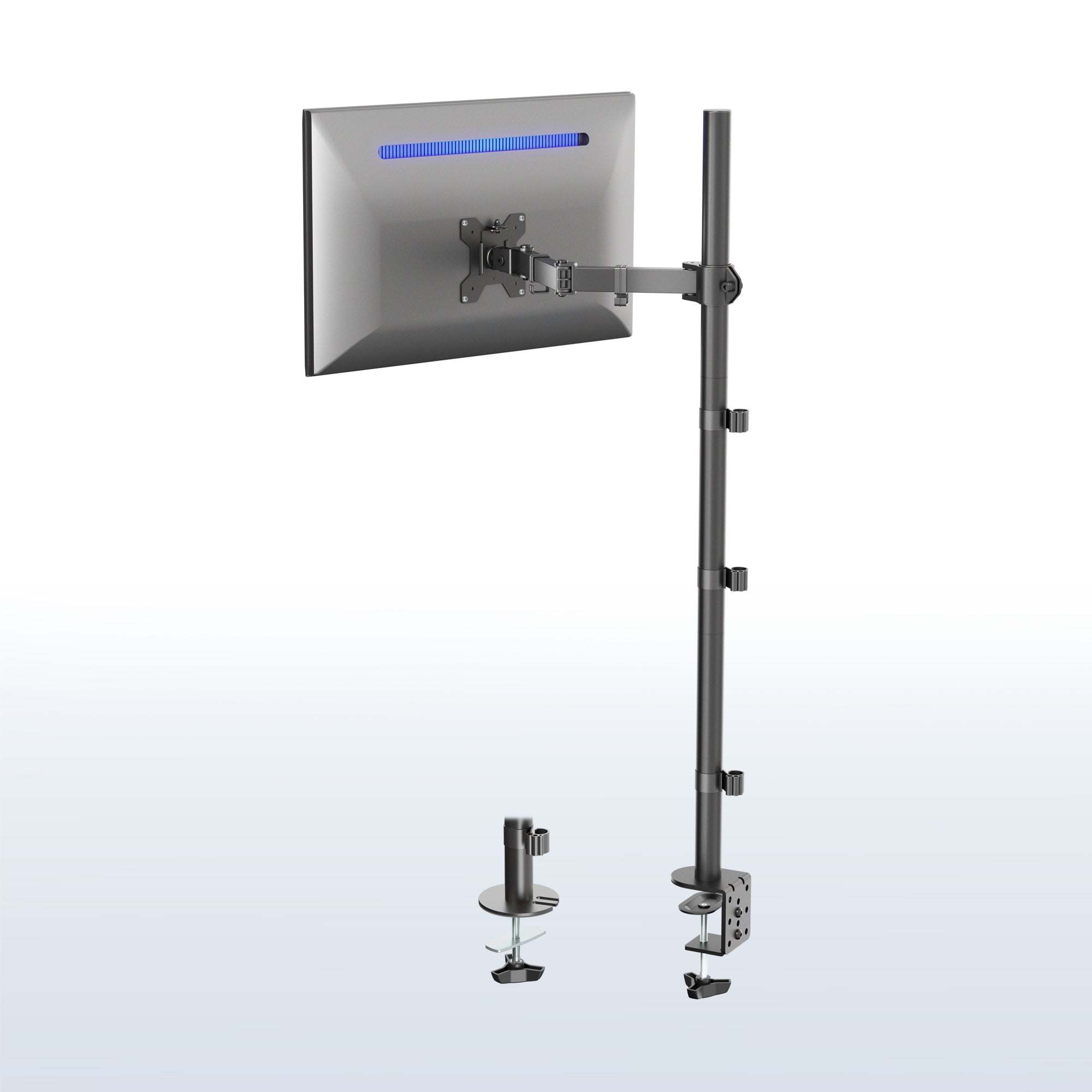 Extra tall desk mount for single monitor provides sit or stand application for the user, flexible viewing angles, and tall screen placement.