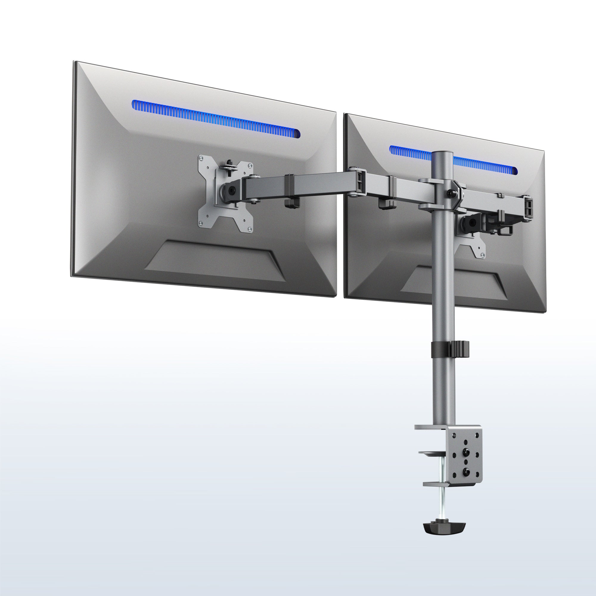 Sturdy adjustable dual monitor ergonomic desk mount for office workstation.