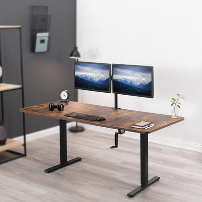 Rustic wide surface sturdy sit or stand active workstation with adjustable height using manual hand crank.