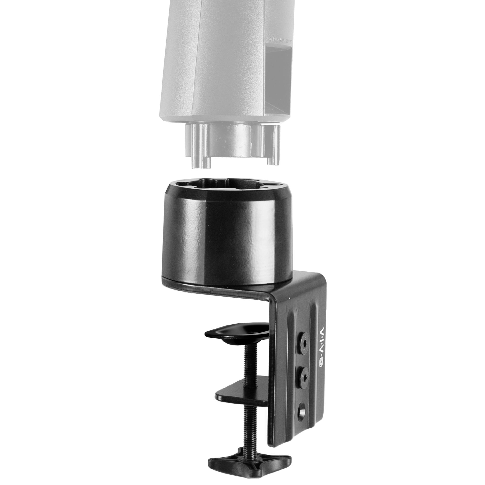 Desk mount converter with a C-clamp and optional grommet.