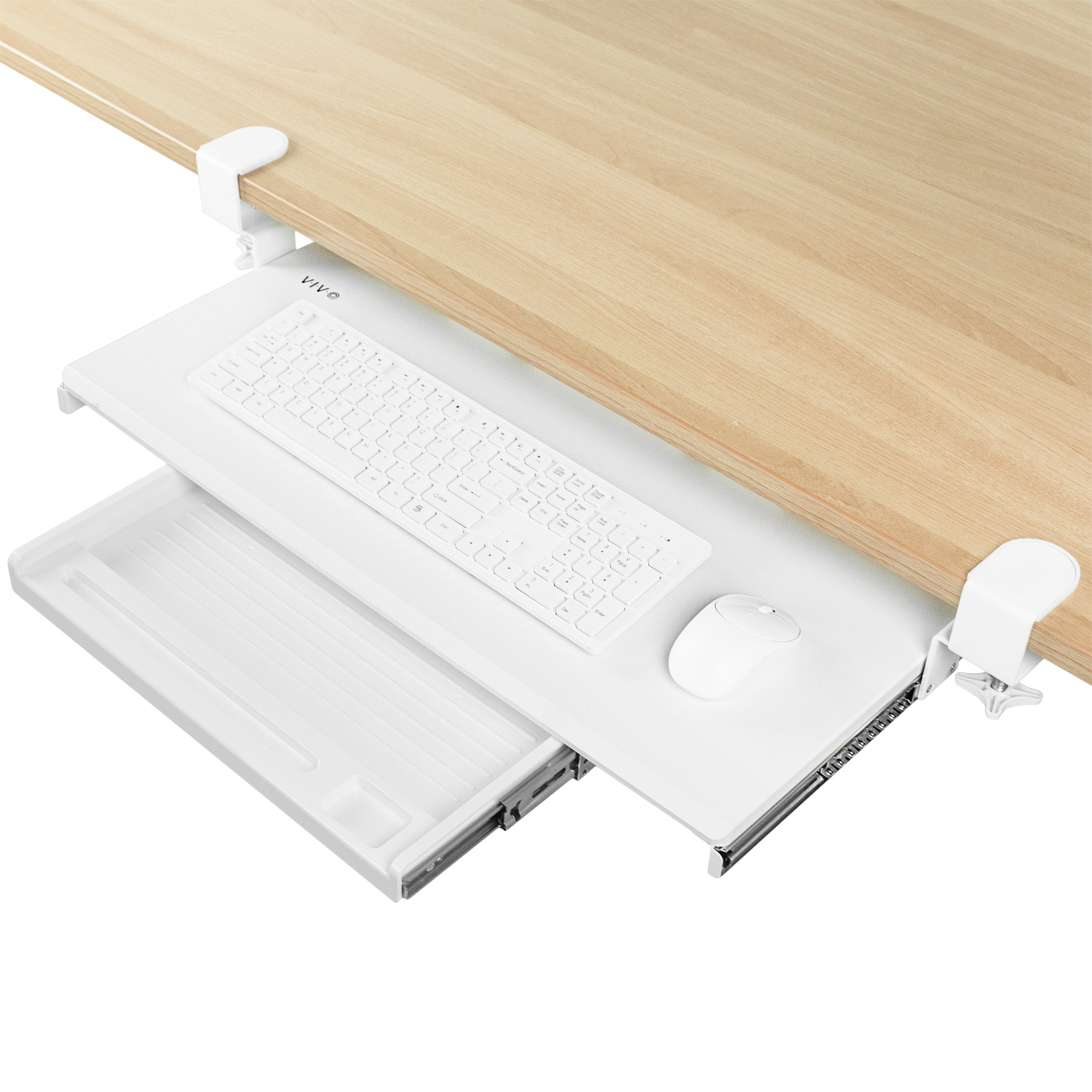 Clamp-on keyboard tray with pencil drawer for convenient space-saving desk workstation.