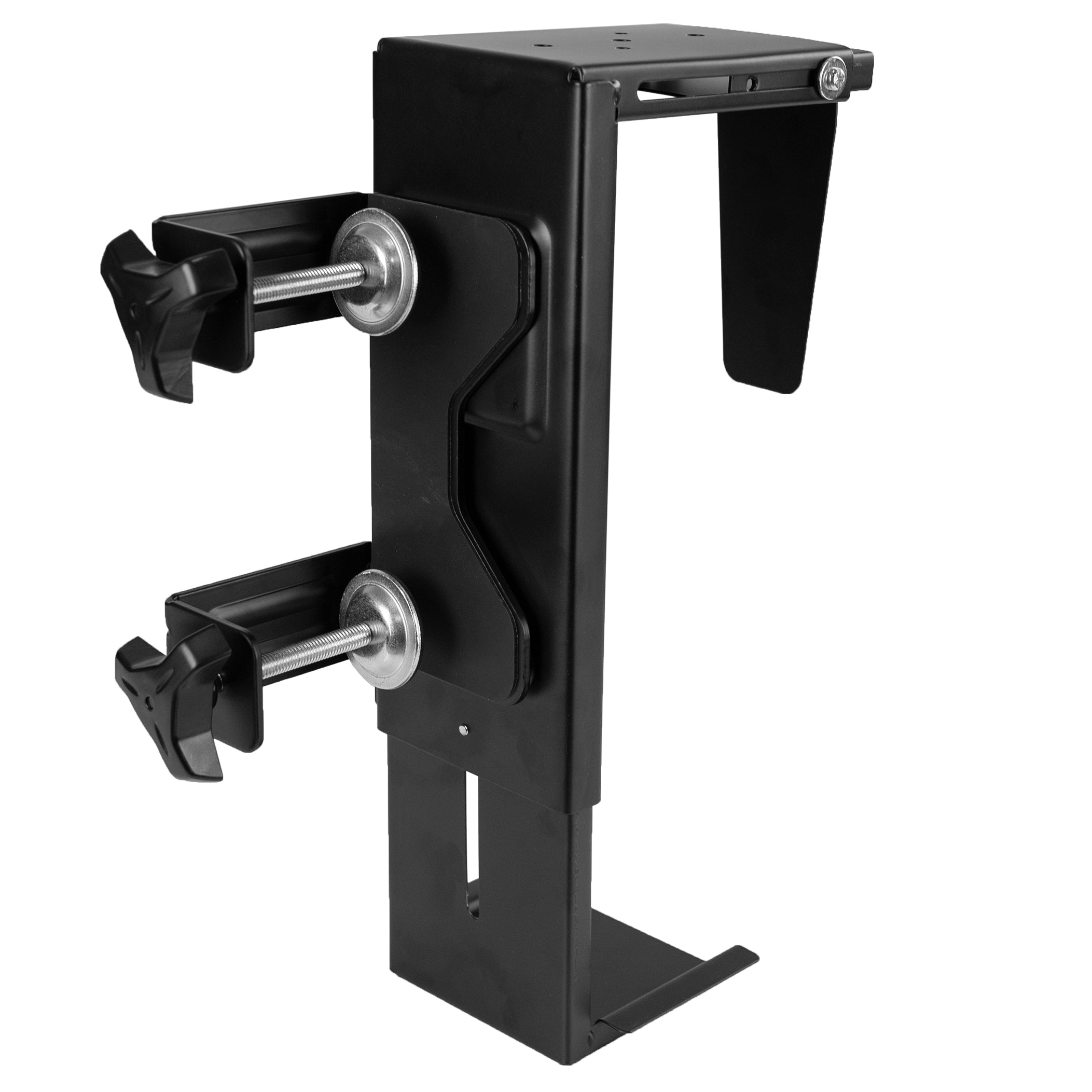 Clamp-on PC mount secures to desk legs for convenient placement.