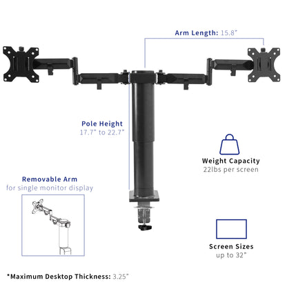 Measurements and specifications for Electric Dual Monitor Arms