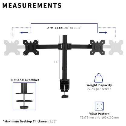 Measurements and specifications for dual monitor mount.