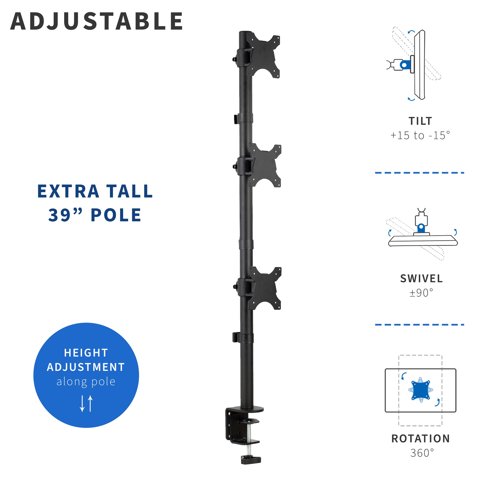 Fully Adjustable Triple Vertical Monitor Desk Mount 