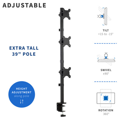 Fully Adjustable Triple Vertical Monitor Desk Mount 